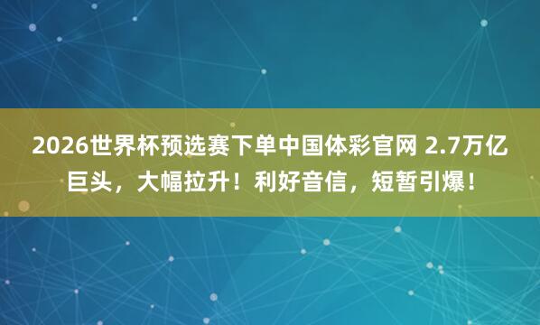 2026世界杯预选赛下单中国体彩官网 2.7万亿巨头，大幅拉升！利好音信，短暂引爆！